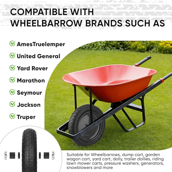 TICONN 4.80/4.00-8 Tire, 16" Flat Free Wheelbarrow Tire and Wheel, Solid Replacement Tires with 3" Centered Hub, 5/8" 3/4" Bearings, Universal Fit 4.80/4.00-8, 3.50/3.00-8, 4.00-6 (Black)