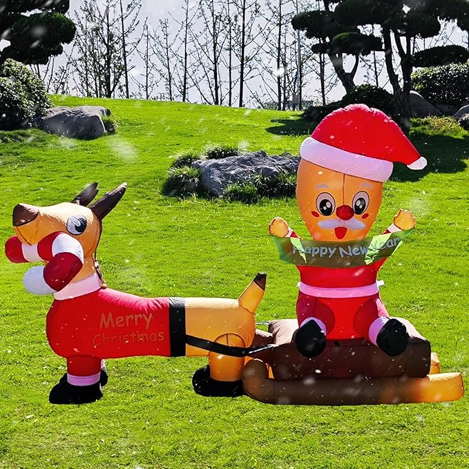 7FT L Animated Christmas Inflatable Santa on Sleigh with Dachshund, Lovely Christmas Blow up Dog Sledding with Build-in LED Lights Indoor Outdoor Party Decoration