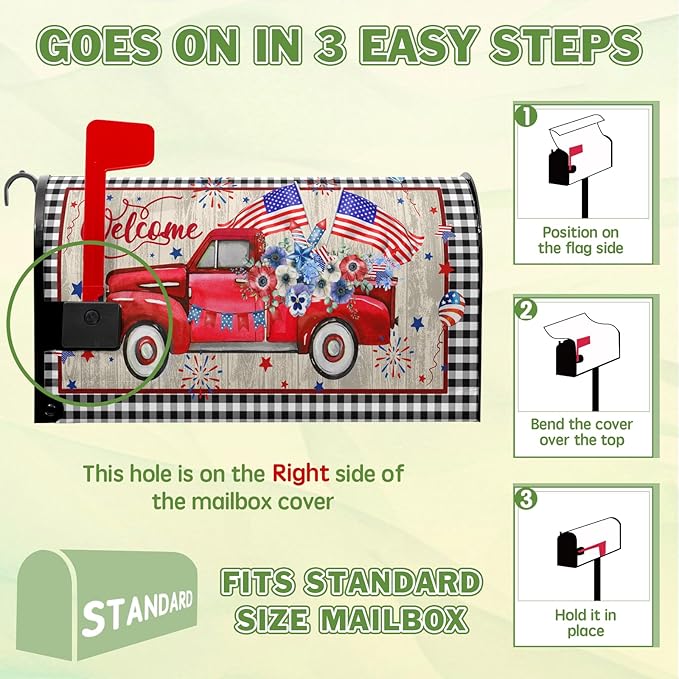 Welcome Red Truck Mailbox Cover 4th of July Mailbox Covers Magnetic Patriotic Post Letter Box Wrap Standard Size 21x18 in for Outdoor Garden Mail Box Decor Floral Buffalo Plaid