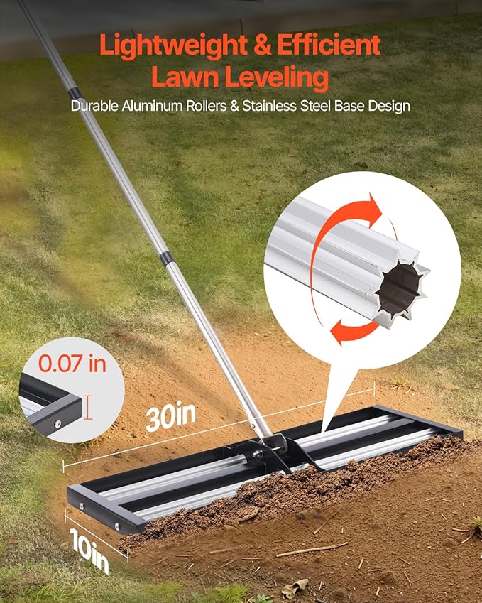 VEVOR Updated Lawn Leveling Rake with Roller, 30'' x 10" Stainless Steel Lawn Leveler with 83.9'' Adjustable Handle, Heavy Duty Yard Leveling Rake, Effort Saving Lawn Leveling Tool for Yard Golf Court