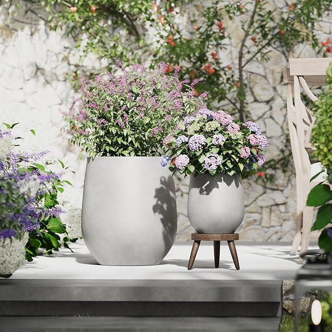 DTY Signature Mount Wilson Lightweight and Durable Modern Fiberstone Tapered Planter for Indoor Outdoor Drainage Hole & Rubber Plug Weather Resistant,16.7" H x 15" Dia, 11.7" Opening - Medium, Gray
