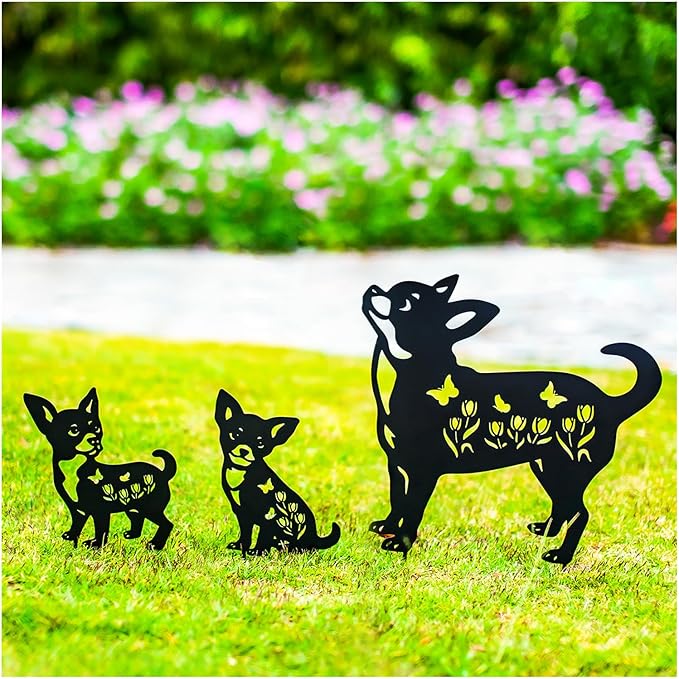 Dog Metal Decorative Garden Stakes Chihuahua Dog Gifts for Women Men Mom Birthday Gifts Silhouette Statues for Garden Decor, Yard Art, Patio, Outside, Lawn Ornaments, Outdoor Decorations