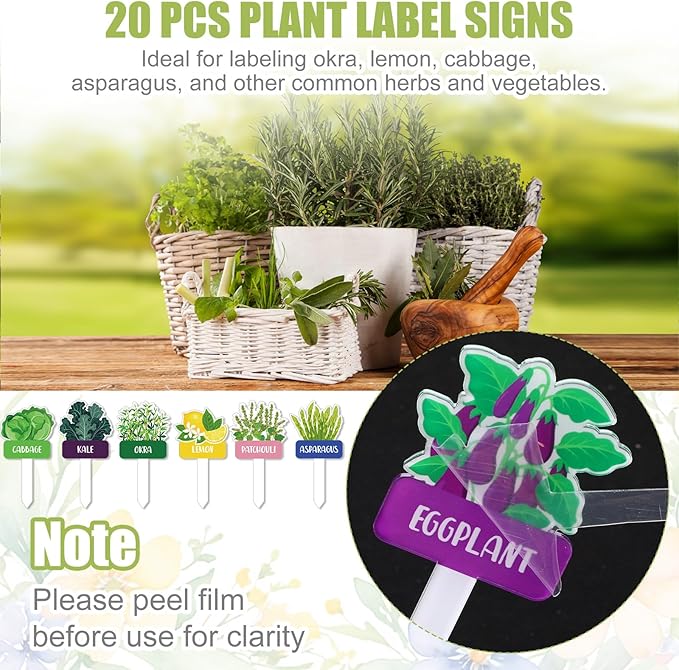 20 Pcs Acrylic Vegetables Plant Label Signs 20 Style Plant Stake Tags with Names Waterproof Herb Garden Markers Reusable Labels Markers for Seedlings Nursery Garden Succulent Flowers Greenery
