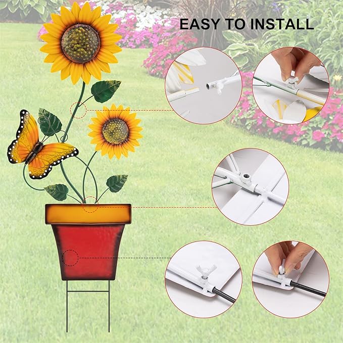 pearlstar Sunflower Decorative Garden Stake 44 Inches Large Metal Art Outdoor Yard Decor Flower Pot Design for Outside Garden Lawn Patio Proch Ornaments,Butterfly