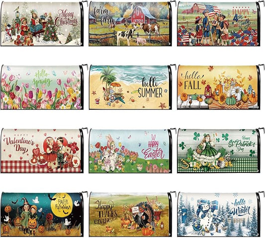 12 Pcs Vintage Seasonal Gnome Mailbox Covers Magnetic Standard Size 18 x 21 Inch Halloween Thanksgiving Winter Christmas Magnetic Mailbox Covers for Garden Yard Outdoor Decor