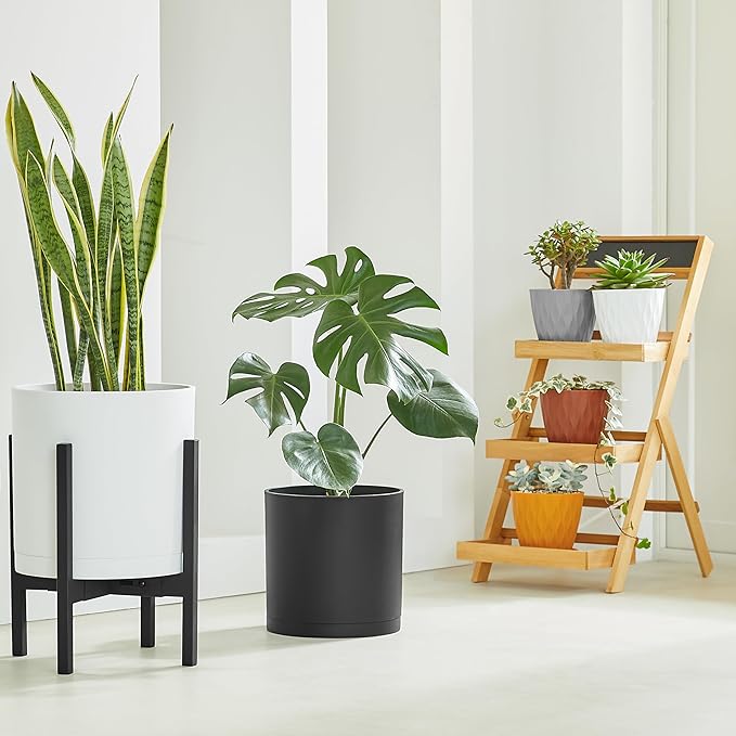 FaithLand 8-Inch Modern Cylinder Planter, Thick-Walled Plastic Plant Pot with Drainage Holes and Detachable Saucer, Matte White, Ideal for Indoor & Outdoor Plants Flowers