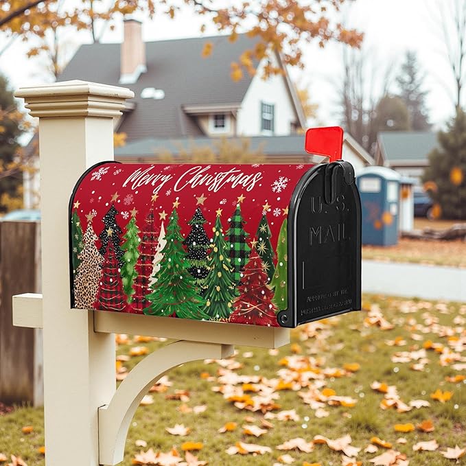 Merry Christmas Large Mailbox Covers Magnetic Oversized Xmas Tree Mail Box Cover Winter Snowflake Mailbox Wraps for Outside Garden Yard 25.5x21 inch Happy New Year Red