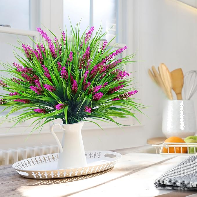 Sggvecsy 24 Bundles Artificial Plants Outdoor Faux Lavender Flowers Fake Monkey Grass UV Resistant Plastic Greenery Plants for Garden Home Porch Window Patio Hanging Planter Indoor Decor (Magenta)