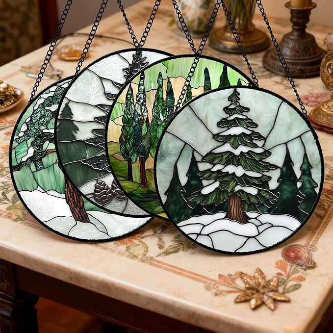 Stained Glass Window Hanging 4 Pcs Set Forest Green Trees Winter Snow Large 11.8" - Suncatcher Door Garden Sun Catcher Home Decor Birthday Mother's Day for Woman Nana Mom Men