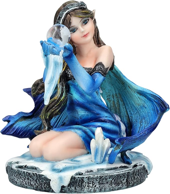 Pacific Giftware 3" Blue Ice Fairy Figurine with Crystal Ball and Frost Accents Small Fairy Statue Perfect for Tabletop Decor and Fantasy Collection
