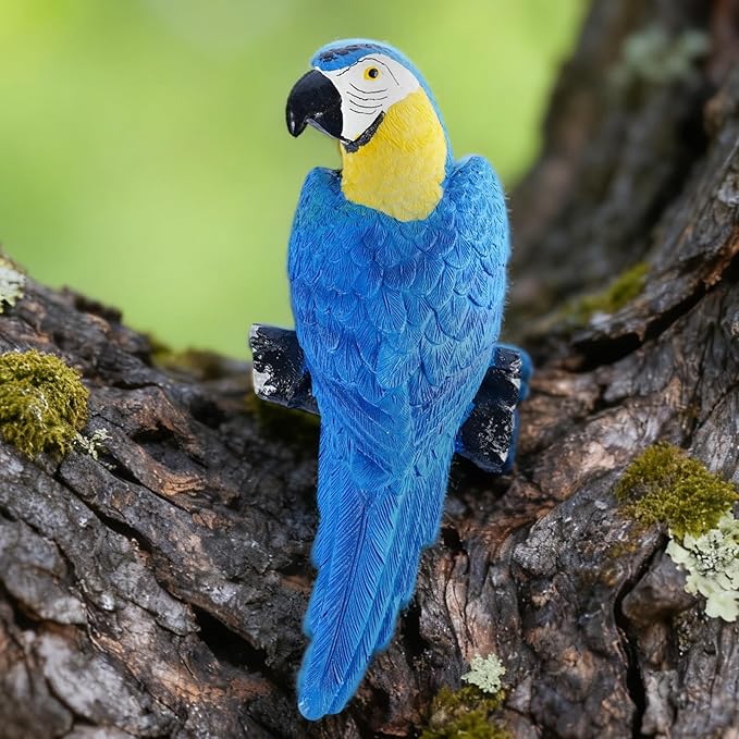 Hanging Blue Parrot Resin Statue - Wall Mountable Bird Sculpture with Hook Slot for Garden Courtyard & Indoor Wall Decor