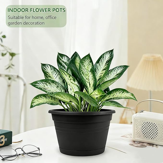 10 Inch Hanging Plant Pots with Removable Chain & Drainage Trays, 4 Pack Hanging Planters for Indoor & Outdoor Plants, Lightweight Plastic Flower Pots for Home Garden Decor (Black)
