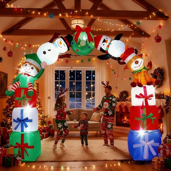 Leyndo 8FT Christmas Inflatable Arch Archway Outdoor Decoration with LED Lights Inflatable Elk Penguin Snowman Sitting on Gift Boxes Christmas Arch Blow up Yard Decor for Xmas Lawn Yard Garden Outside