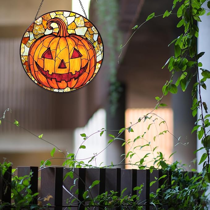 Pumpkin Stained Glass Window Hanging Horror Sun Catcher Decor Halloween Suncatchers for Garden Home Windows Hanging Decoration, 7.87inch