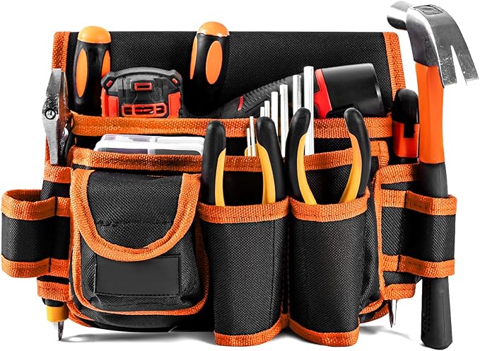 Ultra-Thick Men's Tool Belts Fits Waist 31”to 52” Adjustable Oxford Work Pouch with 15 Durable Pockets, Ideal for Repair & Electrical Work (Red, Extra Large)