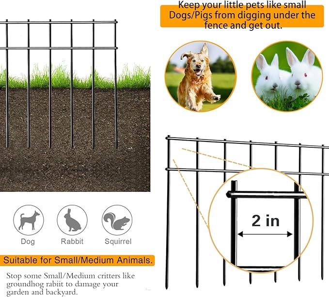 Adavin Small/Medium Animal Barrier Fence 25 Pack 20 in(L)X 10 in(H) Underground Decorative Garden Fencing,Dog Rabbits Fences Black Metal Fence Panel Ground Stakes for Outdoor Patio.Total Length 42 Ft