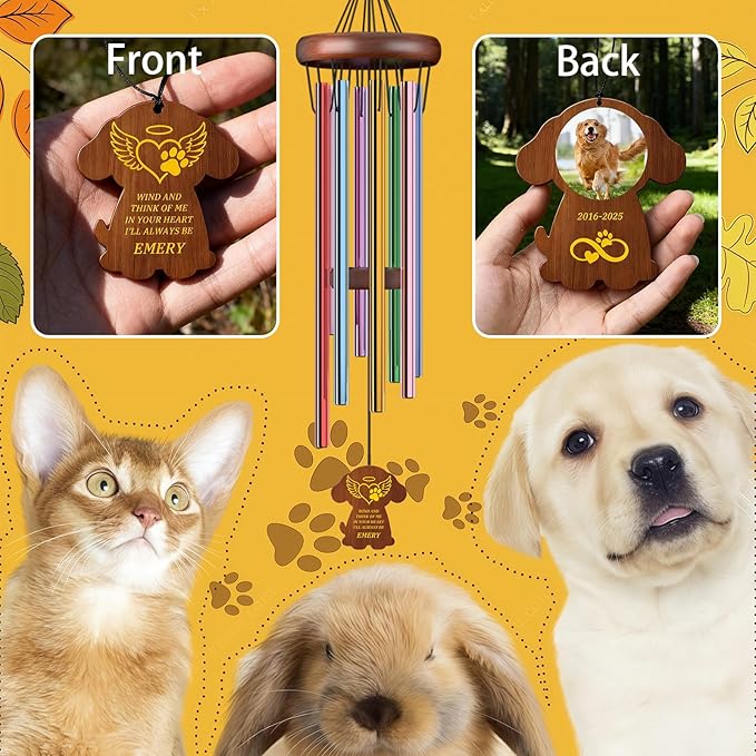 Personalized Pet Memorial Wind Chimes Custom - Custom Dog Memorial Wind Chime - Bereavement Gift for Pet Loss, Healing Wind Chimes for Loss of Cat (Dog Shape)