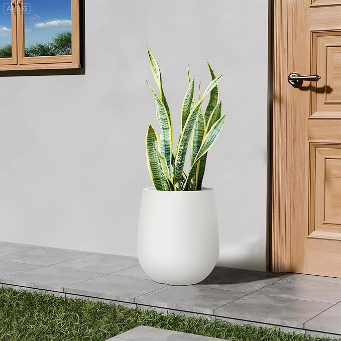 16.9" H Resin Tall Planters for Outdoor Plants, Modern White Round Tapered Plastic Flower Pot for Outdoor and Indoor Plants, Large Plant Pot with Drainage Holes and Rubber Plug for Home Garden Patio