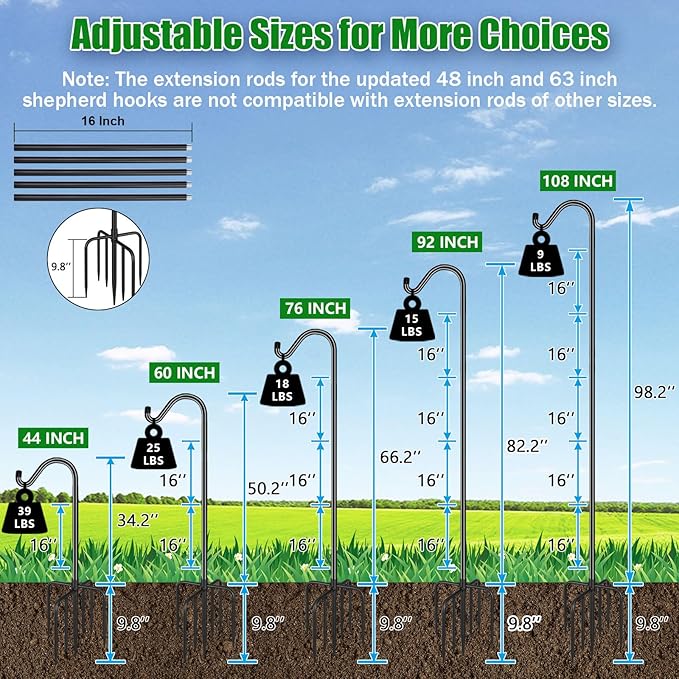 FEED GARDEN Adjustable Shepherd Hook Bird Feeder Pole with 7 Prongs Base, 108 Inch Tall 5/8 Inch Thick, Heavy Duty Outdoor Garden Poles for Hanging Bird Feeders, Plant Baskets, Black (2 Pack)