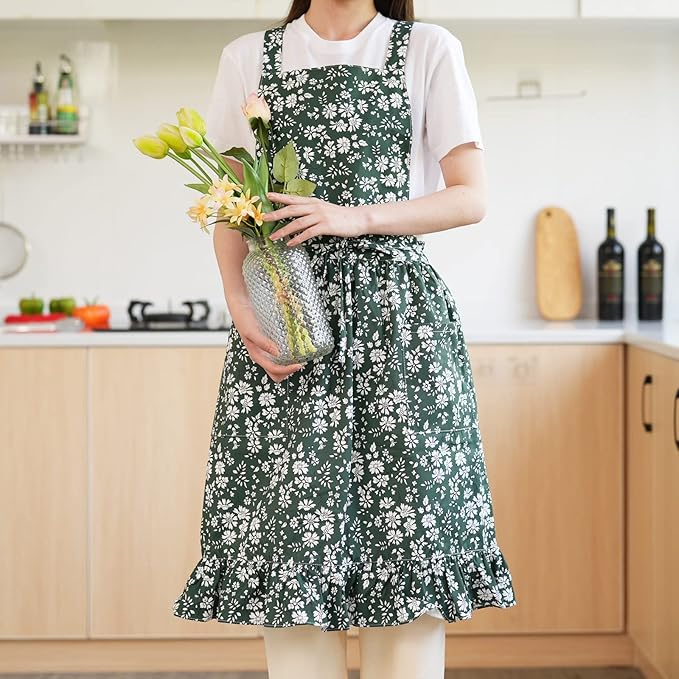 Vintage Pinafore Apron Dress for Women with Pockets Cute Floral Chef Aprons for Kitchen Cooking Baking Gardening