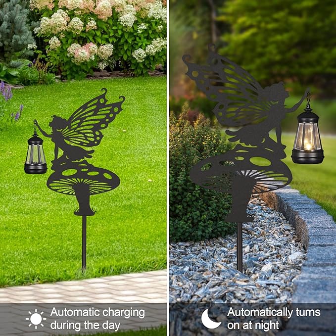 2Pack Solar Outdoor Garden Lights Stakes Solar Metal Flower Fairy Lawn Deco Statue Flower Fairy Patio Garden Decorative Stakes with Solar Lantern Christmas Birthday Gifts for Women Mom and Grandma