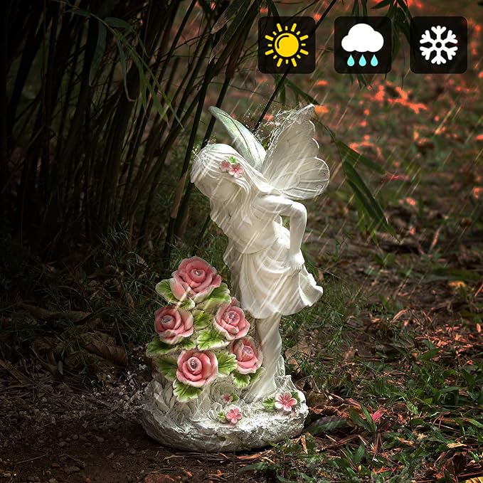 Garden Figurines Angel Garden Statue Outdoor Decor, Solar Powered Resin Sculpture with 5 LEDs Art Decoration for Patio Lawn Yard Porch, Ornament Housewarming Gift, 11“ H