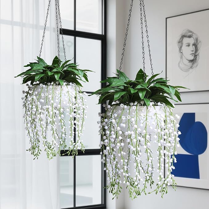 alyptus Hanging Planters for Indoor Plants Fake Flowers - 2-Pack Artificial Hanging Lily of The Valley with Pot - White Faux Flowers in Planters for Indoor Décor