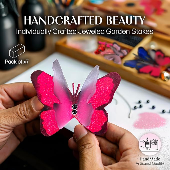 Handmade Glowing Pink Butterfly Garden Stakes Set of 7 - Decorative Outdoor & Indoor Plant Decor - Nature Lover Gift Idea by Air Aquarium Kushner