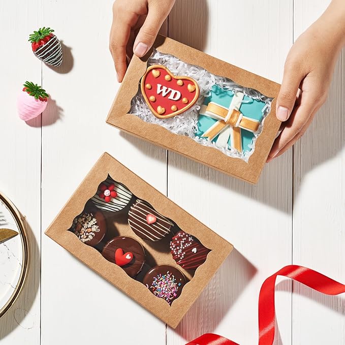100pcs 7x4.33x1.5 Inch Brown Bakery Boxes with Window Cookies Boxes Chocolate Truffle Boxes Macaron Boxes Cakesickle Boxes Browines Treat Boxes for Christmas Valentine's Easter Mother's Day
