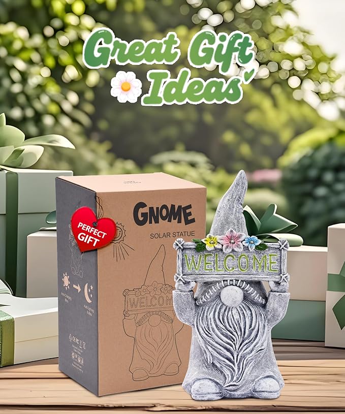 Nacome Solar Gnome Statue for Garden Decor: Outside Sculpture with Flower Welcome Sign Clearance for Yard Art Lawn Ornaments Porch Patio Balcony - Birthday Gifts for Grandma Mom Women(Grey)