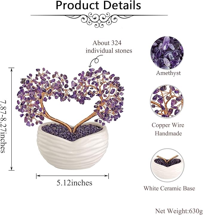 Jovivi Amethyst Crystal Heart Money Tree Healing Gemstone Bonsai Tree for Wedding Ceremony Reiki Balancing Energy Meditation Feng Shui Wealth & Good Luck Home Indoor Office Decor 7.87"-8.26"