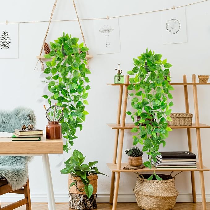 Artificial Hanging Plants Small Fake Pothos 39-in Long Potted Vine Plant Faux Trailing Ivy Vine for Shelf Home Office Indoor Outdoor Garden Greenery Decor (Black Pot)