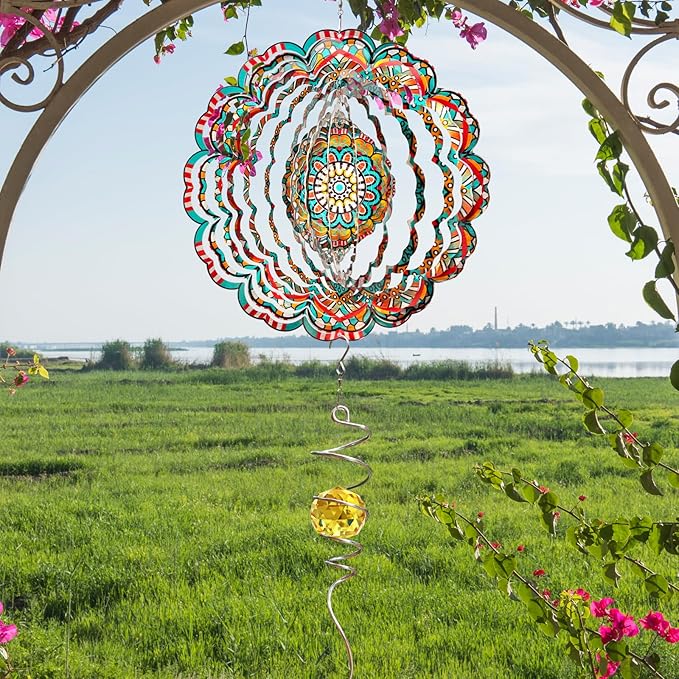 Mandala Wind Spinner - Lucky Star Design | 12-Inch Laser Cut Stainless Steel, Kinetic Hanging Wind Sculpture for Garden, Porch, Patio, Home | Outdoor 3D Metal Windcatcher & Yard Art