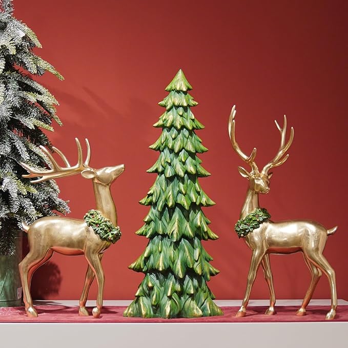 Newman House Studio Standing Reindeer Tree Figurine Christmas-Decor - 3PC Large Christmas Reindeer Decor Indoor Gold Resin Deer with Tree Statue White Farmhouse Decor 10.75 * 7 * 20.25 inch