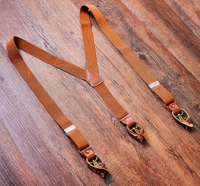 UPSONG Mens Suspenders，Brown Leather Button Tab and Clip Braces Heavy Duty Suspender Wedding Suspenders for Groom Groomsmen