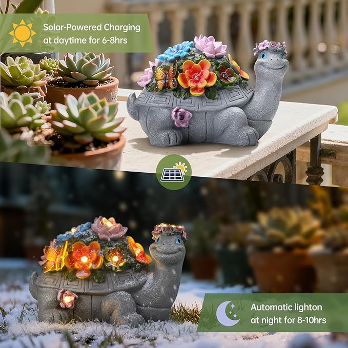 Solar Turtle Statue, Outdoor Figurine Decorations Ornament Lamps for Outside Yard, Lawn, Patio, Porch, Balcony, Housewarming Birthday for Mom Women Grandma