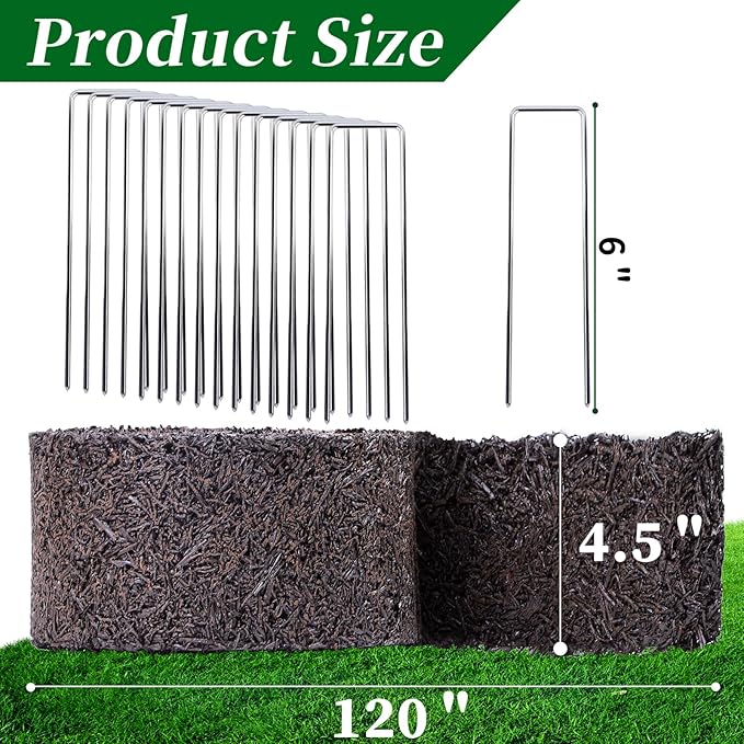 Rubber Mulch for Landscaping 4 Pack 120“ L x 4.5”W Recycled Garden Edging Border Mat Natural Looking Permanent Garden Mulch Barrier for Plants Vegetables & Flowers 60 U-Shaped Steel Stakes