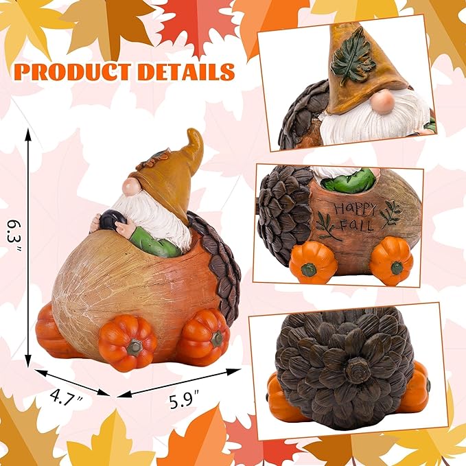 Topadorn Fall Gnome Statue Pine Cone Car with Pumpkin Wheel, Autumn Harvest Gnome Resin Figurine for Home and Outdoor, Thanksgiving Party Home Gnomes Decor