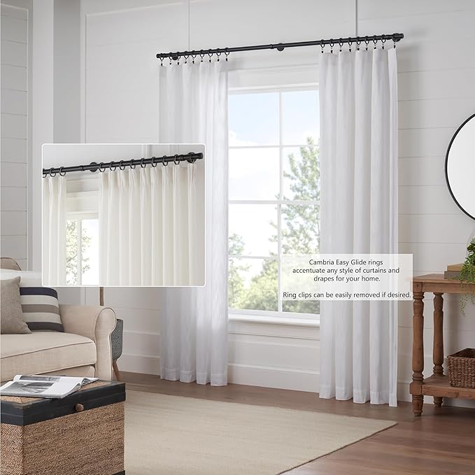 MODE Cambria Designer Series - Premium Easy Glide 18 Count Curtain Rings - Metal with Smooth, Quiet Nylon Inserts with Clips - 2 inch Diameter (1-5/8 inch Inside Diameter) - Satin Black Finish