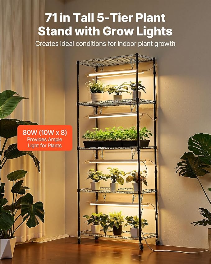 VEVOR Plant Shelf with Grow Light, 6-Tier Indoor Plant Stand, 71 in Tall Plants Display Rack with Wheels & 4/9/14H Timer, 80W T5 LED Full Spectrum Grow Lights, Flower Pot Holder for Seed Starting