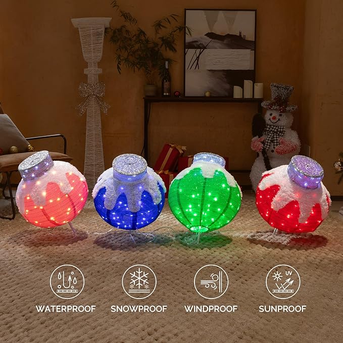 VINGLI 4 Packs Pop Up Ornaments Collapsible Christmas Decorations with 320 LED Lights, 18in Pre Lit Christmas Ball Holiday Decor for Indoor Outdoor Lawn Garden Patio, 4 Packs