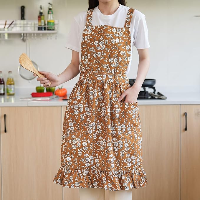 Vintage Pinafore Apron Dress for Women with Pockets Cute Floral Chef Aprons for Kitchen Cooking Baking Gardening