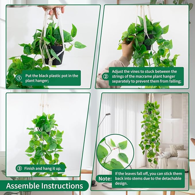 Fake Pothos in Rope - Hanging Pot, Artificial Pothos Plants for Home Decor Indoor Macrame Plant Hanger with Faux Vine Hanging Planter Greenery for Bedroom Bathroom Kitchen Office Decor