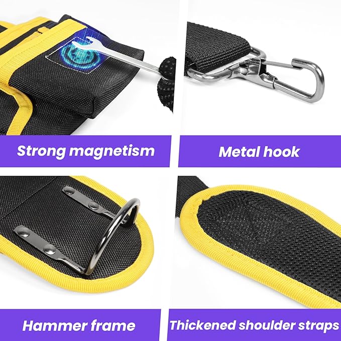 Tool Belt, Professional Tool Belts for Men, Magnetic Tool Pouch With Suspenders, Heavy Duty Detachable Adjustable Utility Belt Work Bags for Electrician, Carpenter (Black and Yellow, 32''-66'')