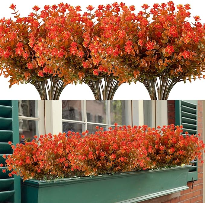 Happylife 6 Bundles Artificial Flowers, Fake Artificial Greenery UV Resistant No Fade Faux Plastic Plants for Wedding Bridle Bouquet Indoor Outdoor Home Garden Kitchen Office Table Vase (Orange Red)