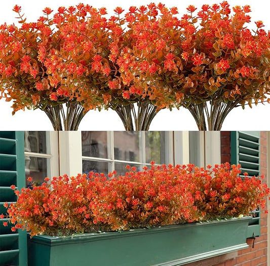 Happylife 6 Bundles Artificial Flowers, Fake Artificial Greenery UV Resistant No Fade Faux Plastic Plants for Wedding Bridle Bouquet Indoor Outdoor Home Garden Kitchen Office Table Vase (Orange Red)