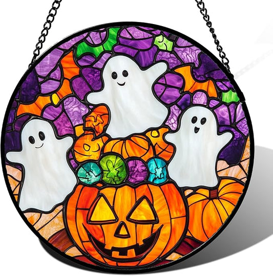 Stained Glass Window Hanging Halloween Horror Pumpkin White Ghost 11.8" - Suncatcher Door Garden Sunroom Gothic Style Sun Catcher Birthday for Friend Mom Men Woman Nana