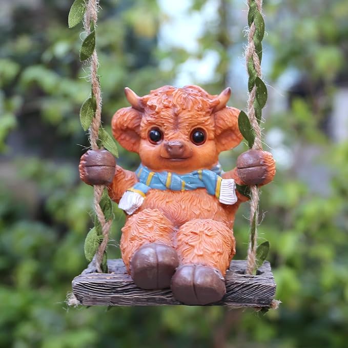 Swing Highland Cattle Statue 4.33in,Exquisite Garden Statue Decoration and Lawn Ornament,Outdoor or Home Decor,Easter Decor