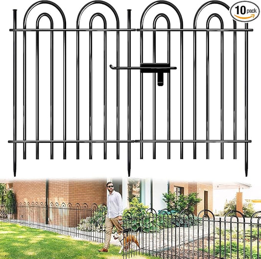 10 Panels Garden Tube Fence with Gate, 42in(H)×21.6ft(L) Tall No Dig Fence Animal Barrier, Heavy Duty Metal Decorative Garden Edging Border, Ground Defense Temporary Fencing for Outdoor Yard, Black
