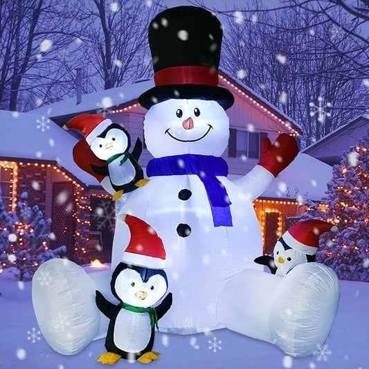 7Ft Lighted Christmas Inflatable Snowman with Three Cute Penguins Build-in LED Lights, Holiday Blow up Outdoor Yard Decoration